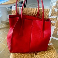 Banana Republic Red Leather Tote Bag Eco-friendly Red Shoulder Bag For Summer, Red Coated Canvas Rectangular Bag, Modern Red Tote Shoulder Bag, Red Leather Tote Bag, Eco-friendly Red Tote Shoulder Bag, Vince Camuto Bag, Red Tote Shoulder Bag With Silver-tone Hardware, Stain Colors, Leather Tote Bag