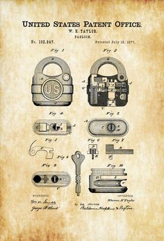 an old paper with the words united states patent office on it and some keys attached to it