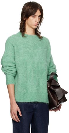 Brushed stretch knit alpaca wool- and nylon-blend sweater. · Rib knit collar, hem, and cuffs · Dropped shoulders Supplier color: Verde Green Wool Sweater With Ribbed Collar, Green Sweater With Ribbed Cuffs For Work, Fall Mohair Sweater With Ribbed Cuffs, Casual Mohair Sweater With Ribbed Cuffs, Green Textured Knit Sweater For Work, Green Textured Knit Workwear Sweater, Latest Sweater, Jacquard Sweater, Knit Alpaca