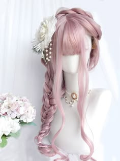 Cute Long Hair Styles Aesthetic, Long Hair In Bun, Cute Hairstyles For Long Hair With Bangs, Magical Girl Hair, Cool Wigs, Fancy Hairstyles For Long Hair, Pink Hair Styles, Kawaii Wig, Cute Wigs