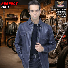 Men's Charcoal Gray Leather Shirt #MS24806GGY Gray Leather