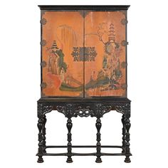 A gorgeous antique Chinoiserie Jacobean style bookcase, dining cabinet, or bar cabinet In the manner of Berkey & Gay USA, Circa 1900 Carved ebonized walnut, with orange lacquered case featuring hand painted Chinoiserie scenes, and original brass hardware. Measures: 37.25"W x 16.75"D x 62"H. Good original vintage condition. Painted Bookcase, Painting Bookcase, Chinoiserie Furniture, Painted Chinoiserie, Jacobean Style, Bookcase Bar, Style Bookcase, Dining Cabinet, Asian Decor