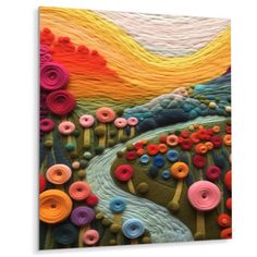 an art work with colorful yarn and buttons