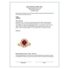 Brand: Mauboussin Paris  Certificate: Cisgem #23894 Center Stone: Oval Cut Red Ruby  Weight: Approximately 1.3 Carat Accent Stone: 10 Round Brilliant Cut Diamonds  Weight: Approximately 1 Carats Color: F Clarity: VS Metal: 18K Yellow Gold  Era: Vintage Circa: 1980's Hallmarks: Signed, Numbered, Purity, and Makers Marks Size: 5.75 and can be resized Gram weight: 5.11  This exquisite cluster ring by Mauboussin Paris features a captivating oval cut red ruby at its center, weighing approximately 1.3 carats. The vibrant ruby is elegantly surrounded by 10 round brilliant cut diamonds, totaling around 1 carat, with F color and VS clarity, creating a stunning contrast that enhances the ring's allure. Crafted in luxurious 18K yellow gold, this vintage piece from the 1980s showcases the exceptional Heirloom Oval Gia Certified Ruby Ring, Oval Wedding Rings With Certificate Of Authenticity, Formal Round Diamond Ring With Certificate Of Authenticity, Formal Round Diamond Ring With Certificate, Heirloom Oval Ruby Ring Gia Certified, Formal Diamond Ring With Certificate Of Authenticity, Classic Round Diamond Ring With Certificate, Gia Certified Heirloom Oval Ruby Ring, Anniversary Diamond Ring With Certificate