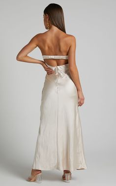 Kira Midaxi Dress - Strapless Cut Out Satin Dress in Champagne | Showpo USA Satin Strapless Dress With Sweetheart Neckline For Bridesmaids, Satin Halter Neck Backless Dress For Wedding, Satin Finish Strapless Dress For Wedding, Chic Silk Backless Prom Dress, Chic Strapless Backless Dress For Prom, Satin Backless Halter Neck Wedding Dress, Satin Halter Neck Backless Wedding Dress, Chic Bandeau Prom Dress, Elegant Bandeau Bridesmaid Dress