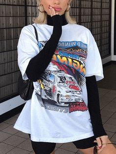 Wild Speed Graphic Oversize Tee - HouseofHalley Oversized Graphic Shirt, Wild Speed, White Tshirt Outfit, Moda Grunge, Outfit Oversize, Biker Shorts Outfit, Oversize Tee, Outfits 90s, Tshirt Outfits