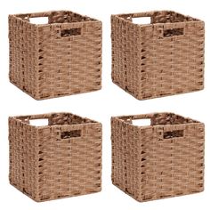 four brown wicker baskets sitting side by side