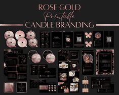 the rose gold printable candle branding is displayed on a black background with pink accents