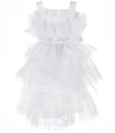 From Allison & Kelly&#x2C; this dress features:layered tulle fabricruffled square necklineadjustable shoulder strapsleft side zippersatin tie sash at the waistthree-tier layered skirtapprox. 30" lengthpolyesterhand washImported. White Sleeveless First Communion Dress With Ruffles, Summer Tulle Dress For First Communion, Sleeveless Ruffled Tutu Dress For First Communion, White Tutu Dress For First Communion In Summer, White Summer Tutu Dress For First Communion, Summer Ruffled Princess Dress For First Communion, Summer Princess Dress With Ruffles For First Communion, Spring Sleeveless First Communion Dress, Summer First Communion Princess Dress With Ruffles