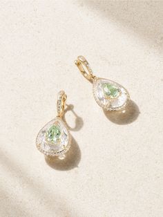 Boghossian's earrings beautifully showcase the brand's signature 'inlay' technique that first originated during the Egyptian Empire. Made from 18-karat gold, they're set with pear-cut rock crystal and green tourmalines meticulously carved by skilled lapidarists to fit together perfectly. A halo of tiny diamonds adds even more sparkle. Egyptian Empire, Vs Diamond, Tiny Diamond, Watch Gifts, Green Tourmaline, Rock Crystal, Fine Jewellery Earrings, Multi Stone, Beauty Accessories