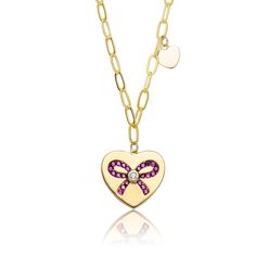 Charming Sterling Silver with Gold Plated and Pink Cubic Zirconia Necklace. This design features one heart hanging in the middle of the chain and center of pink round Cubic Zirconia stones paved in bow-tie order. The necklace also features another smaller heart shaped charm. This necklace is finished in 18K Yellow Gold plating(1 micron) and has a spring ring closure. Makes a great gift as well. Heart Paper Clip, Necklace For Kids, Heart Paper, April Birthstone Jewelry, March Birthstone Jewelry, Zirconia Necklace, Pink Round, Cubic Zirconia Necklace, Paper Hearts