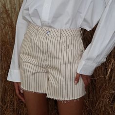 Light White Denim Striped Shorts, High Waist, Mid Length, Size 27, Never Worn! Cream White, Striped Shorts, White Denim, Mid Length, We Wear, Jean Shorts, Denim Shorts, High Waisted, Womens Shorts