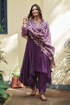 Shop for House of Pink Purple Chanderi Anarkali Set for Women Online at Aza Fashions Purple Indian Outfit, Purple Anarkali, Chanderi Anarkali, Cotton Dress Indian, Designer Suits Online, Diwali Dresses, Choli Dress, Indian Fashion Trends, Purple Suits