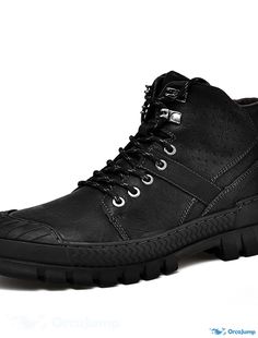 OrcaJump - Mens Leather Nappa Mid-Calf Combat Boots - Casual Daily Walking Shoes - Black Fall Winter Black Rugged Lace-up Boots With Plain Toe, Black Rugged High-top Lace-up Boots, Rugged Black High-top Lace-up Boots, Casual Black Work Boots With Steel Toe, Casual Work Boots With Vibram Sole For Winter, Casual Black Martin Boots For Outdoor Activities, Casual Black Martin Boots For Outdoor, Black Steel Toe Winter Hiking Boots, Black High-top Martin Boots For Outdoor Activities