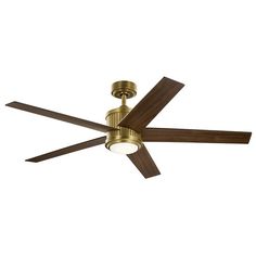 a ceiling fan with two wooden blades and a light fixture on the top of it