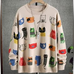 Sweater Cats Size Large Small And Medium New Artsy Clothing, Cat Tee Shirts, Beige Pullover, Cat Sweater, Streetwear Mode, Pola Sulam, Cat Fashion, Cat Tee, Hoodies And Sweatshirts