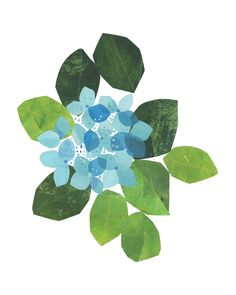 a blue flower with green leaves on it