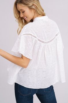 All over eyelet adds beautiful detail to this white blouse! - Flutter sleeve - Lace detail on front and back - 100% Cotton - Model is 5'9" wearing a small Small 2-4, Medium 6-8, Large 10-12 Flutter Sleeve Blouse, White Blouse, Flutter Sleeve, Lace Detail, Bell Sleeve Top, Sleeve Blouse, Ruffle Blouse, Top Blouse, Lace