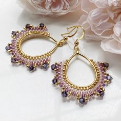 Hoop earrings handcrafted beads bricked. Thank you for visiting PastelGems Hoop Earrings Diy, Bead Hoop Earrings, Diy Leather Earrings, Boho Jewellery, Purple Beads, Fancy Beads, Jewellery Gifts, Beads Earrings, Fashion Boho