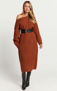 Amalie The Label - Beata Knitted Long Sleeve Midi Dress in Rust | Showpo USA Brown Ribbed Midi Sweater Dress, Brown Midi Sweater Dress For Fall, Fall Brown Midi Sweater Dress, Ribbed Brown Sweater Dress For Fall, Brown Ribbed Sweater Dress For Fall, Chic Brown Knit Dress, Fall Ribbed Brown Sweater Dress, Brown Ribbed Midi Dress For Winter, Winter Brown Ribbed Midi Dress