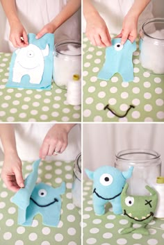 four pictures showing how to make an elephant and monster puppet from felt, with instructions for making the puppets