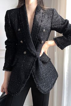 This women's blazer boasts a classic shawl collar and sophisticated double-breasted buttons, while adding a unique touch of elegance with tassel trim on the collar, cuffs, and bottom hem. Made from luxurious tweed fabric for a timeless look. ●Shawl collar●Long sleeves●Double breasted button closure●Polyester, cotton and spandex●Machine wash, line dry★★Please advise your Height and Weight, I will make sure you choose the right size. Elegant Tweed Lapel Jacket For Fall, Elegant Tweed Jacket With Lapel Collar For Fall, Elegant Fall Tweed Jacket With Lapel Collar, Elegant Long Sleeve Double-breasted Tweed Jacket, Elegant Long Sleeve Tweed Jacket With Double-breasted Buttons, Elegant Double-breasted Tweed Jacket For Office, Elegant Double-breasted Tweed Office Jacket, Elegant Office Tweed Jacket With Double-breasted Buttons, Elegant Double-breasted Tweed Jacket