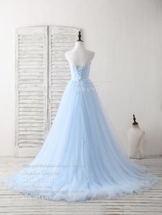 Fitted Blue Tulle Ball Gown, Blue Tulle Princess Evening Dress, Blue Princess Gown With Sweetheart Neckline, Princess Blue Dress With Sweetheart Neckline, Tulle Dress With Sweep Train And Sweetheart Neckline, Blue Princess Style Tulle Evening Dress, Princess Style Blue Tulle Evening Dress, Princess Style Blue Evening Dress With Fitted Bodice, Blue Corset Dress For Wedding And Prom Season