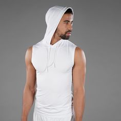 Workout in style with a compression hoodie, designed to highlight your muscle and show off your toned features. This compression hoodie is lightweight and will keep you at the optimum temperature during your workout or fitness routine. The hooded compression shirt is versatile and suitable for a wide range of sports and fitness activities. Whether you are looking for the ideal choice for bodybuilding, running or even yoga, this lightweight hoodie will be the perfect match. The sleeveless design Sporty Workout Top With Adjustable Hood, White Hooded Top For Gym, White Hooded Gym Top, White Moisture-wicking Hooded Activewear, White Sports Hoodie Activewear, Activewear With Adjustable Hood For Workout, Functional Activewear With Adjustable Hood For Gym, White Athleisure Activewear With Drawstring Hood, White Athleisure Hoodie For Workout