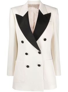 Find GUCCI Two-tone Wool Blazer on Editorialist. white/black wool shoulder pads satin peak lapels double-breasted button fastening long sleeves chest welt pocket two side patch pockets straight hem Casual Suit Jacket, Tuxedo Dress, Casual Suit, Double Breasted Blazer, White Blazer, Ladies Dress Design, Wool Blazer, Moda Operandi, Mini Black Dress