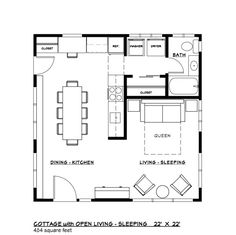 the floor plan for a small house with two living areas and one bedroom on each side