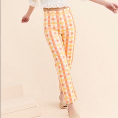 Free People She’s All That Plaid High Waist Crop Pants, New With Tags, Size 4 With A Fun Orange, Coral, Yellow, White Plaid Pattern. Let Me Know If You Have Any Questions! :) Retro Spring Pants For A Day Out, Retro Pants For Spring Day Out, Fitted Bottoms With Elastic Waistband For Brunch, Yellow Straight Leg Bottoms With Elastic Waistband, Summer Retro Pants For Day Out, Summer Cotton Pants For Brunch, Casual Yellow Bottoms For Brunch, Fitted Cotton Bottoms For Brunch, Retro Fitted Pants For Day Out