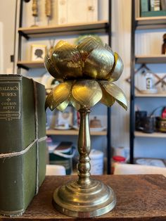 a golden flower on top of a metal stand in front of a book case and shelves