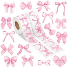 pink bows and ribbons on white background with stickers for decorative decoration or scrapbooking