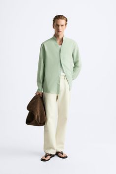 COTTON - LINEN BLEND SHIRT - Lime green | ZARA United States Zara Linen Collared Shirt, Modern Shirt With Placket For Spring, Spring Cotton Blouse With Concealed Placket, Spring Layering Shirt With Collar, Versatile Shirt For Spring Daywear, Modern Spring Tops With Button Cuffs, Spring Long Sleeve Shirt With Concealed Placket, Modern Spring Shirt With Button Closure, Modern Spring Tops With Buttons