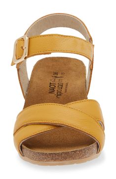 A gleaming buckle stands out against the supple leather straps on this open-toe sandal set on a low wedge for comfortable height. 1 3/4" heel (size 39) Adjustable ankle strap with buckle closure Cushioned footbed with arch support Leather upper and lining/synthetic sole Gold Leather Sandals With Leather Footbed, Gold Leather Heels With Buckle Closure, Medium Width Open Toe Wedge Sandals With Buckle, Leather Low Heel Wedge Sandals With Heel Strap, Gold Leather Footbed Sandals With Buckle Closure, Gold Leather Sandals With Tang Buckle, Gold Open Toe Footbed Sandals With Cushioned Sole, Gold Open Toe Footbed Sandals With Cushioned Footbed, Gold Open Toe Wedge Sandals With Buckle Closure