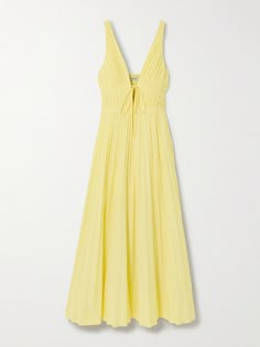 Find SIMKHAI Stephanie Bow-embellished Pleated Cotton-blend Poplin Midi Dress on Editorialist. The pastel-yellow shade of Simkhai's 'Stephanie' dress is bound to bring joy. It's made from cotton-blend poplin with pleating to create a fitted bodice and fullness through the skirt. The front ties beautifully define the décolletage. Yellow Midi Dress, Yellow Outfit, Cotton Midi Dress, Embellished Dress, Dressy Casual, Minimal Fashion, Yellow Dress, Daily Outfits, Pretty Dresses