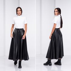 "Super chic and modern, this leather skirt is a timeless piece to your wardrobe. With an elastic waistband- a loose and comfy design you can wear this piece to so many occasions. The model in the picture is 168cm. ⅼ 5.5 ft. tall and is wearing size S / color: Black 🌟 INFO: * Worldwide EXPRESS shipping - please provide a phone number for shipping documents * US Sizing XS to 4XL - size chart available below - all measurements of the body * We offer customization to Personal Measurements & Larger Chic Long Leather Skirt, Relaxed Fit Long Leather Skirt, Trendy High Waist Leather Skirt, Trendy Leather Lined Skirt, Black Leather Long Skirt, Leather Skirt Long, Circle Maxi Skirt, Shipping Documents, Long Leather Skirt