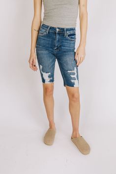 Details Distressed Real pockets!! Good stretch Raw-edge finish Medium wash Sizing Approximate measurements: SIZE LENGTH INSEAM FRONT RISE WAIST Small 21" 11" 11" 25" Medium 21" 11" 11" 27" Large 21.5" 11" 11.5" 29" Fits true to size Fabric has stretch Model is 5’8” and wearing small Material 94% Cotton 4% T-400 2% SpandexMachine wash coldWash inside outTumble dry lowIron low Distressed Short Length Bottoms For Fall, Distressed Short Bottoms For Fall, Ripped Short Bottoms For Fall, Ripped Short Length Bottoms For Fall, Fitted Distressed Jeans In Short Length, Fitted Distressed Cutoff Bottoms, Fitted Cutoff Distressed Bottoms, Nursing Friendly Tops, Nursing Friendly Dress