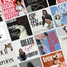 many different magazine covers are shown together