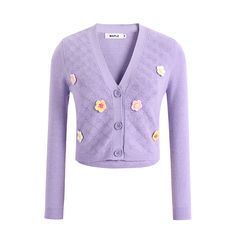 The long sleeves provide warmth and versatility, making it the perfect addition to your wardrobe for any season. Made from high-quality polyester, this cardigan offers a lightweight and breathable feel, ensuring optimal comfort throughout the day. The enchanting shade of purple adds a touch of elegance, making this cardigan a standout piece for any occasion. Its knitting floral pattern showcases intricate craftsmanship and adds a feminine charm to your outfit. The striped cuffs provide a subtle Lavender Knit Sweater For Fall, Trendy Purple V-neck Cardigan, Lavender V-neck Cardigan For Fall, Trendy Lavender Fall Sweater, Trendy Lavender Sweater For Fall, Trendy Lavender Winter Sweater, Purple Knit Sweater For Fall, Lavender Long Sleeve Sweater For Winter, Lavender Long Sleeve Winter Sweater