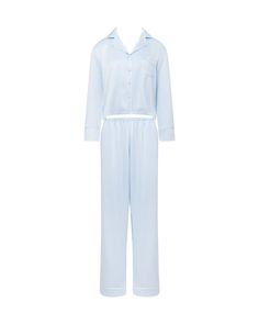 Indulge in luxury with the Sara Luxury Satin Long Set in Ice Water Blue/White. This premium pajama set features white piped trimming, an elasticated waistband for extra comfort, and a front button fastening. Personalize it with our monogramming service for that extra special touch. Ice Water, Water Blue, Fishnet Stockings, Pajama Party, Swimsuit Tops, Bra Lingerie, Blue Water, Bra Tops, Pet Clothes