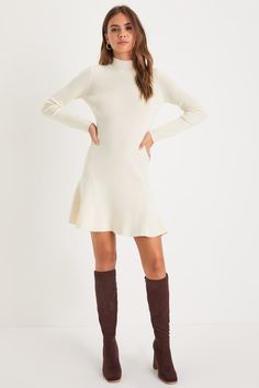 Ivory Mini Sweater Dress - Mock Neck Dress - A-Line Mini Dress - Lulus White Dress With Thigh High Boots, Proposal Outfit, Winter Engagement Photos Outfits, Wedding Rehearsal Dress, White Rehearsal Dinner Dress, Dinner Dresses, White Dress Winter, Rehearsal Dinner Outfits, Long Sleeve Ruffle Dress