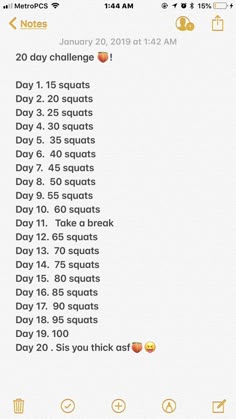 an iphone screen showing the daily workout schedule for each day, including 30 squats