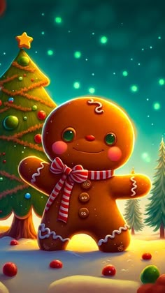 a painting of a ginger bear standing in front of a christmas tree