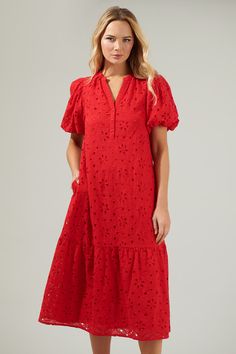 We're ready to say hello to a gorgeous summer in the Villa Nova Eyelet Midi Dress! An eyelet embroidery throughout, shapes this adorable dress that has short puff sleeves and a v neckline followed by buttons. It also has pockets on each side and can be easily worn with sandals and a matching hat! - Eyelet- Bubble sleeves- Pockets- Lining- Comes in 2 colorsSize + Fit - Model is 5'8" and wearing size XS- Measurements taken from size S - Chest: 19 1/2"- Length: 48 1/2" Fabric Self:100% Cotton Linin Midi Dresss, Eyelet Midi Dress, Midi Dress Outfit, Icon Clothing, Texas Gifts, Eyelet Embroidery, Sugar Lips, Red Midi Dress, Eyelet Dress