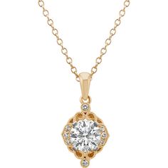 Crafted from quality 14 karat yellow gold  eight brilliant round diamonds  at approximately .06 carat total weight  serve as the perfect backdrop to the round gemstone of your choice  at approximately .50 carat  in this dazzling pendant with milgrain detailing. The vintage design hangs from an adjustable 22-inch matching cable chain and measures 5/8 of an inch long. For more information on selecting your center stone  Live Chat or call an online customer service representative at 1-866-467-4263 Elegant Round Pendant Diamond Necklace With Prong Setting, Elegant Diamond Necklace With Round Pendant In Prong Setting, Classic Pendant Diamond Necklace With Single Cut Diamonds, Classic Gold Solitaire Necklace With Halo Setting, Classic Diamond Necklace With Round Halo Pendant, 14k Yellow Gold Diamond Necklace With Halo Setting, Refined Diamond Necklace With Round Pendant, Classic Diamond Necklace With Halo Setting, Elegant 14k Gold Round Pendant Diamond Necklace