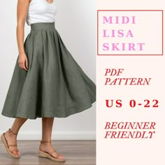 a woman in a white top and green skirt with the text mid - plea skirt pattern us 0 - 22 beginner friendly