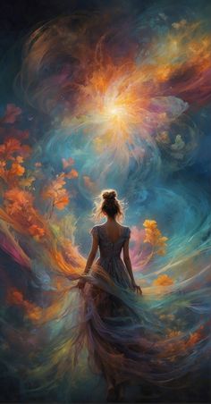 a painting of a woman standing in front of a sky filled with clouds and stars