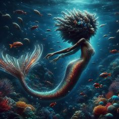 a painting of a mermaid with her hair blowing in the wind, surrounded by fish and corals