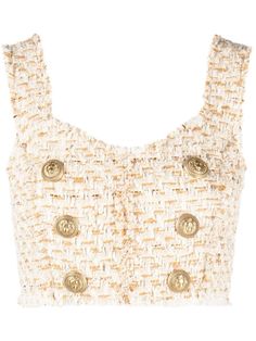 Tweed Crop Top, Balmain Top, Balmain Clothing, Fabric Embellishment, Japan Woman, White Tweed, Natural Gold, Tweed Fabric, Sweetheart Neck